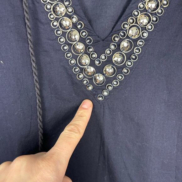 Michael Kors Top Womens Large Navy Embellished Popover Thin Boho Blouse READ - Picture 13 of 13